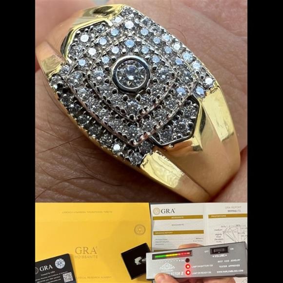 Real MOISSANITE Ring 14k Gold Plated 925 Silver Hip Hop...